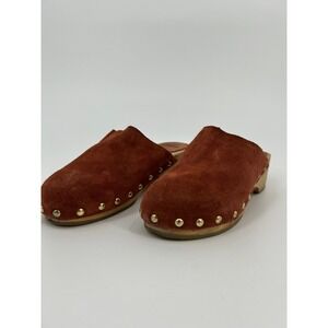 MANGO Rust Brown Suede Studded Wooden Clogs Mules Size 39 Boho 70s Style